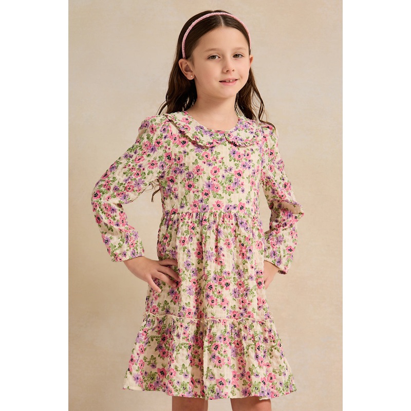 Girls White Floral Tired Woven Dress
