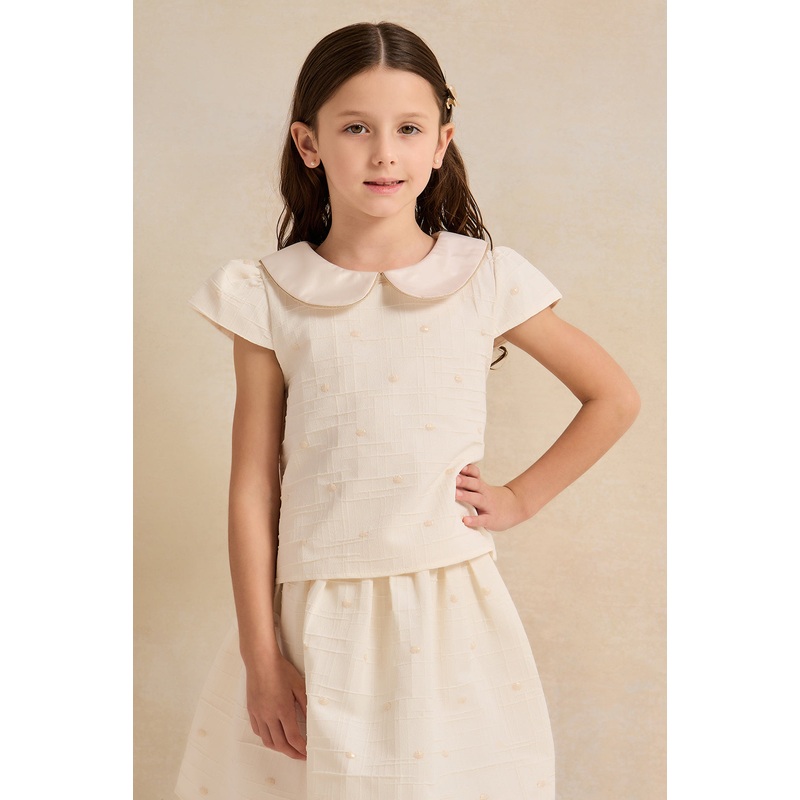 Girls White Polka Dot Jacquard Blouse