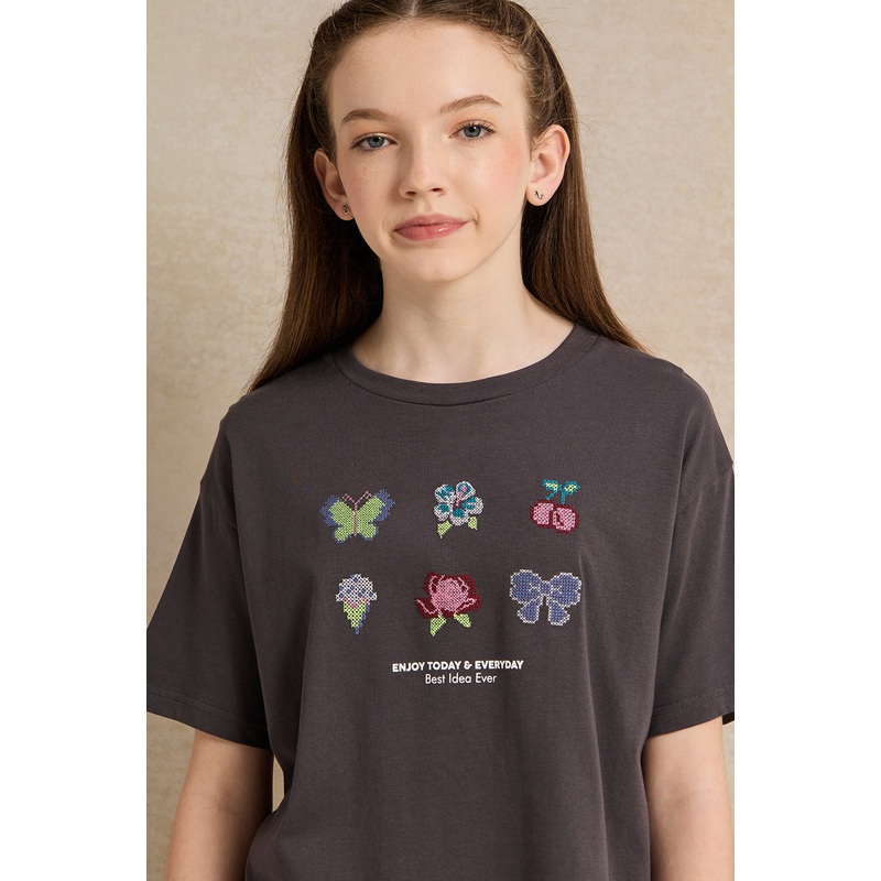 Senior Girls Charcoal Printed T-Shirt