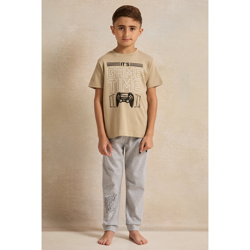 Boys Beige And Grey Game Print Pyjama Set (2 Piece)