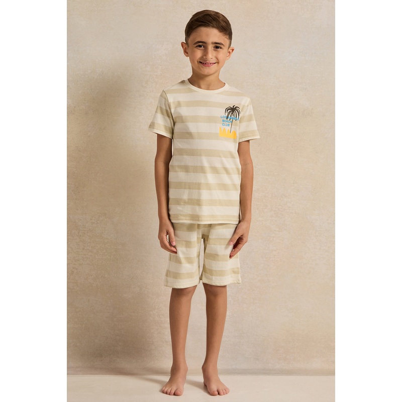 Boys Beige Striped Pyjama Set (2 Piece)
