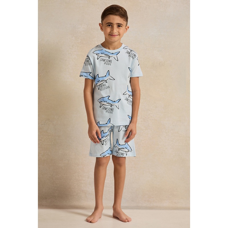 Boys Blue Shark Printed Pyjama Set (2 Piece)