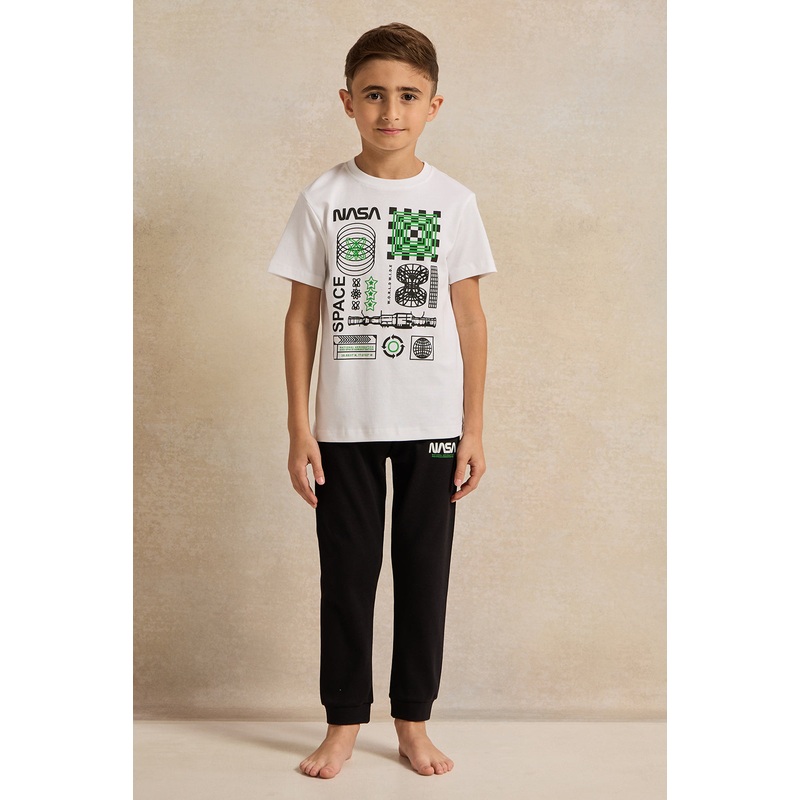 Boys White And Black Nasa Print Pyjama Set (2 Piece)