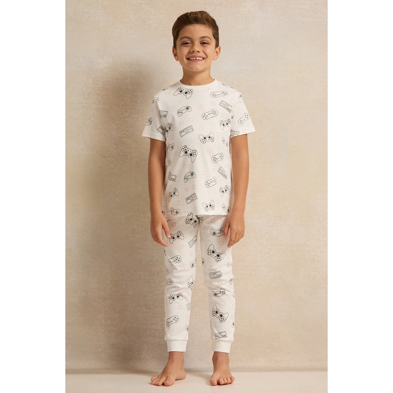 Boys White Printed Pyjama Set (2 Piece)
