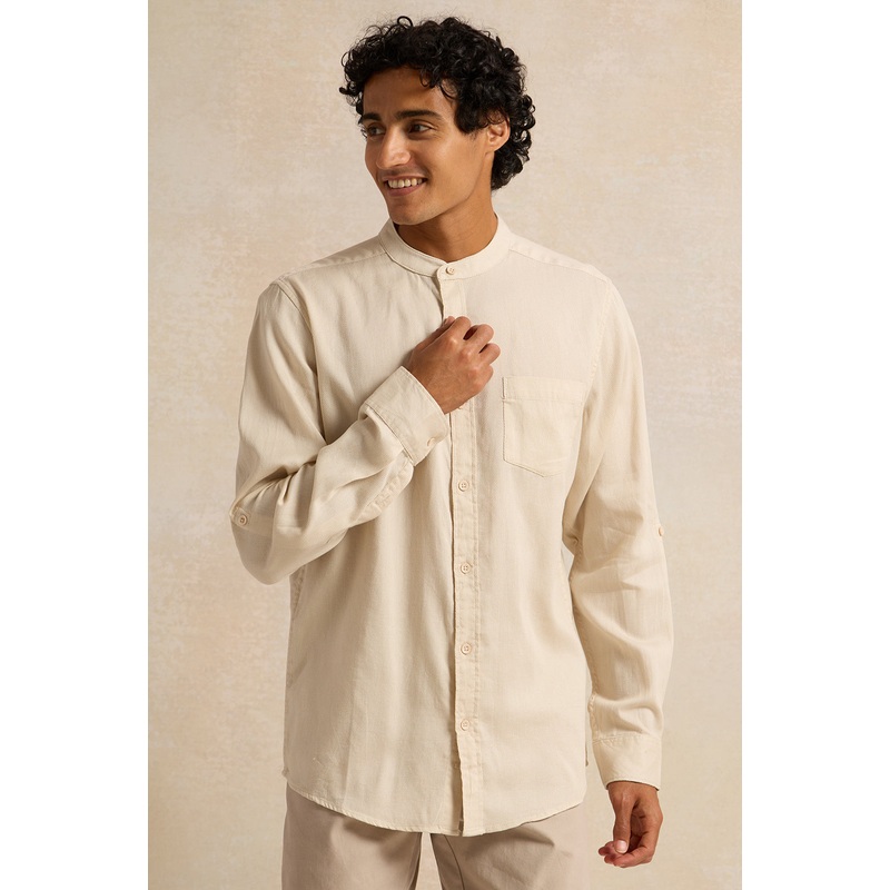 Men Beige Mandarin Casual Shirt