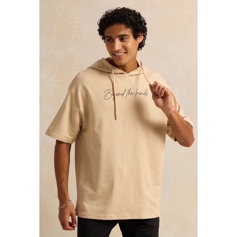 Men Beige Oversized Hooded T-Shirt