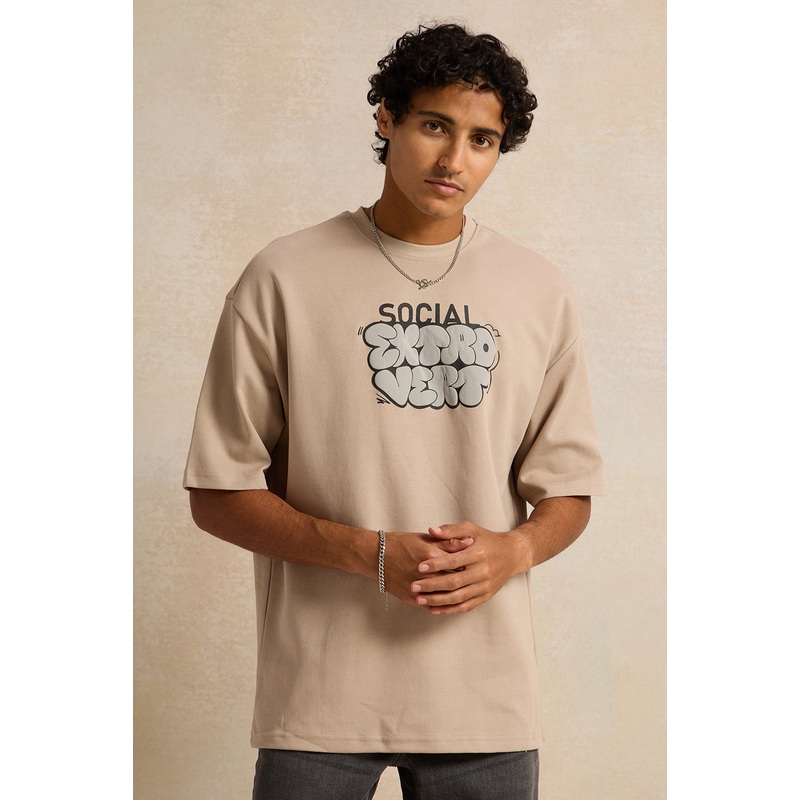 Men Beige Pleated Interlock Oversized T-Shirt