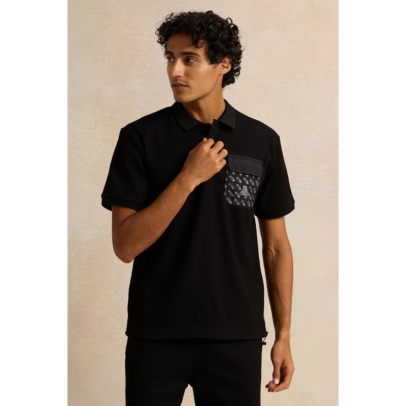 Men Black Printed Pocket Polo Shirt