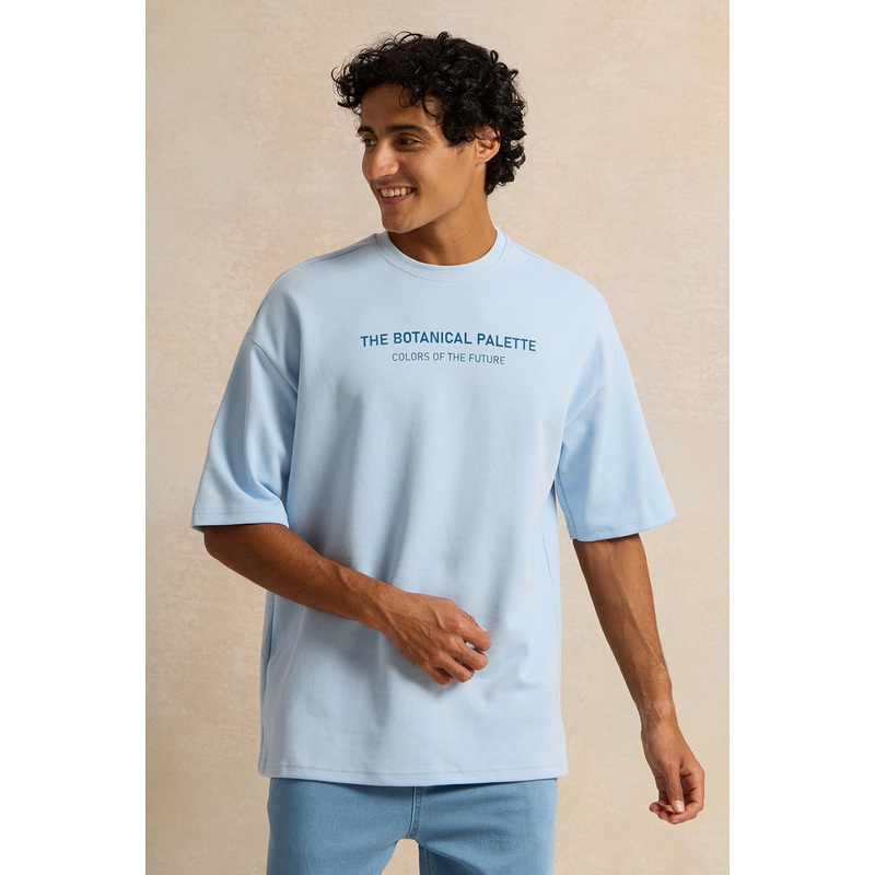 Men Blue Pleated Interlock Oversized T-Shirt
