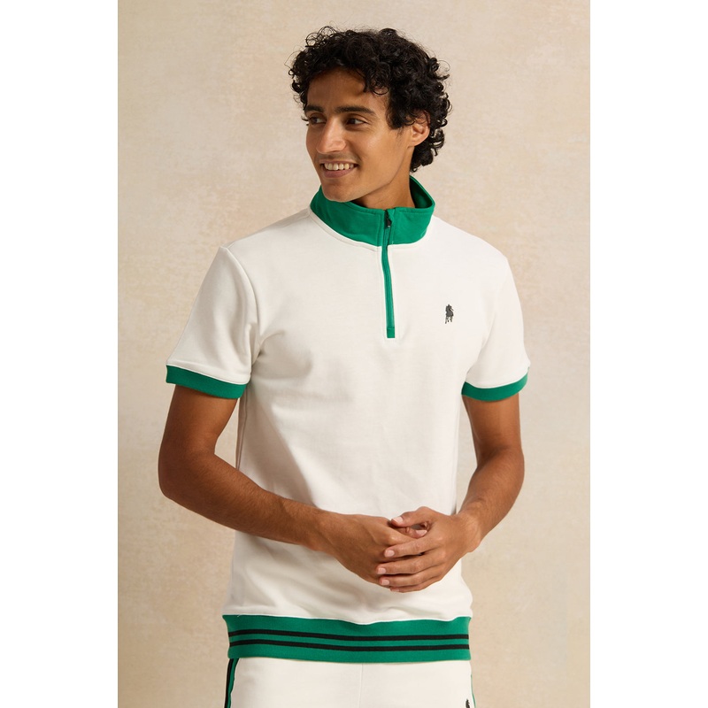 Men White High Neck Polo Shirt
