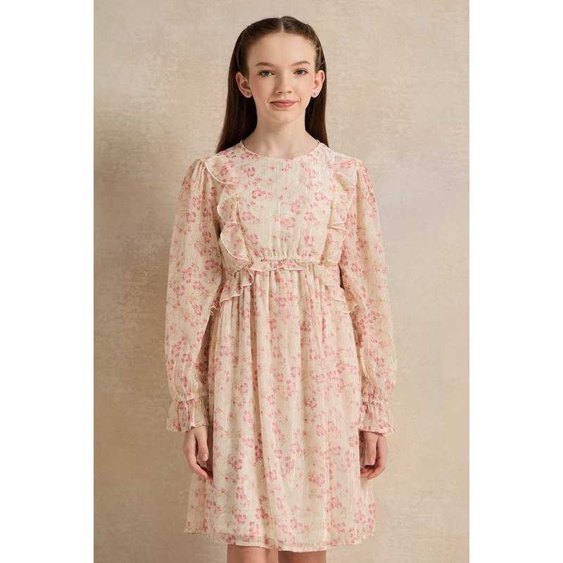 Senior Girls Pink  Floral Lurex  Chiffon Dress