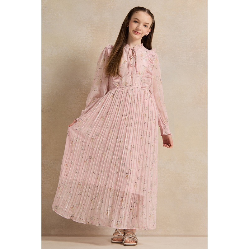 Senior Girls Pink Floral Lurex Pleated Chiffon Maxi Dress