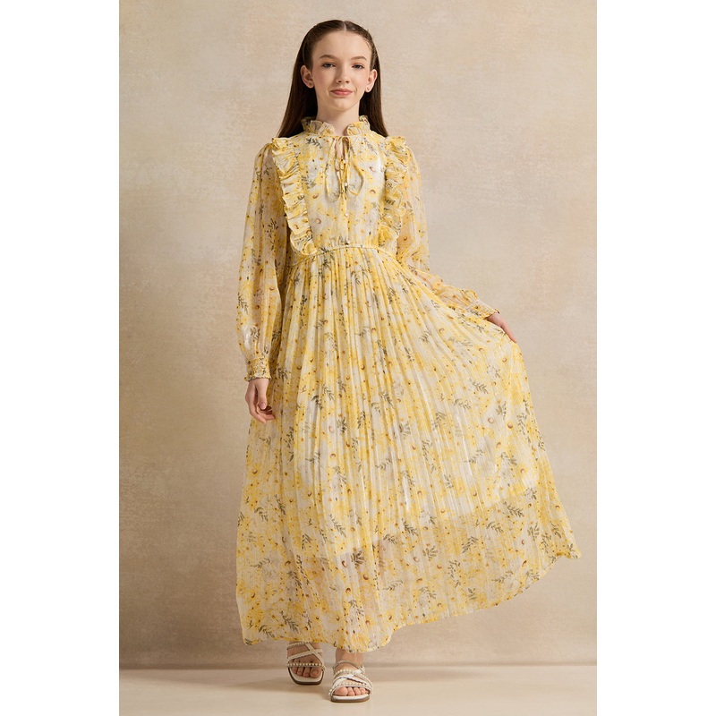 Senior Girls Yellow Floral Lurex Pleated Chiffon Maxi Dress