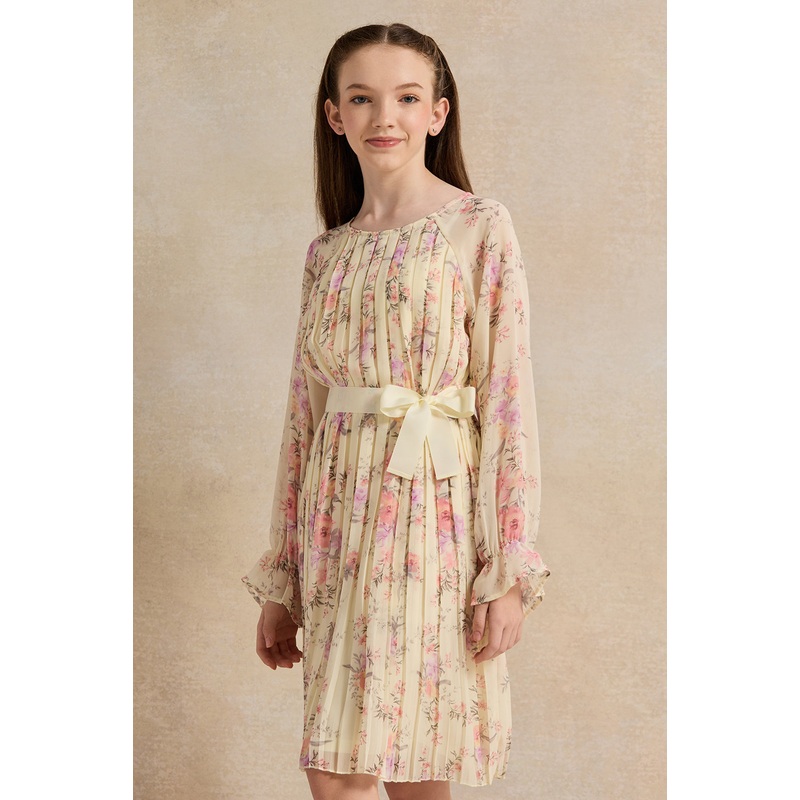 Senior Girls Yellow Floral Pleated  Dress