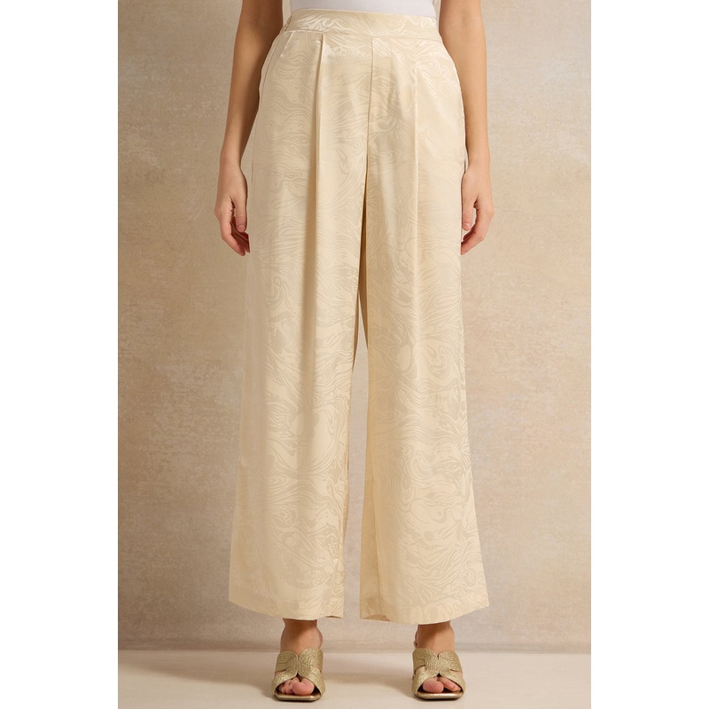 Women Beige Jacquard Wide Leg Pants