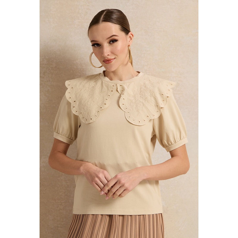 Women Beige Peter Pan Collar Top