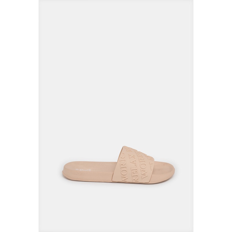 Women Beige Slogan Embossed Slide