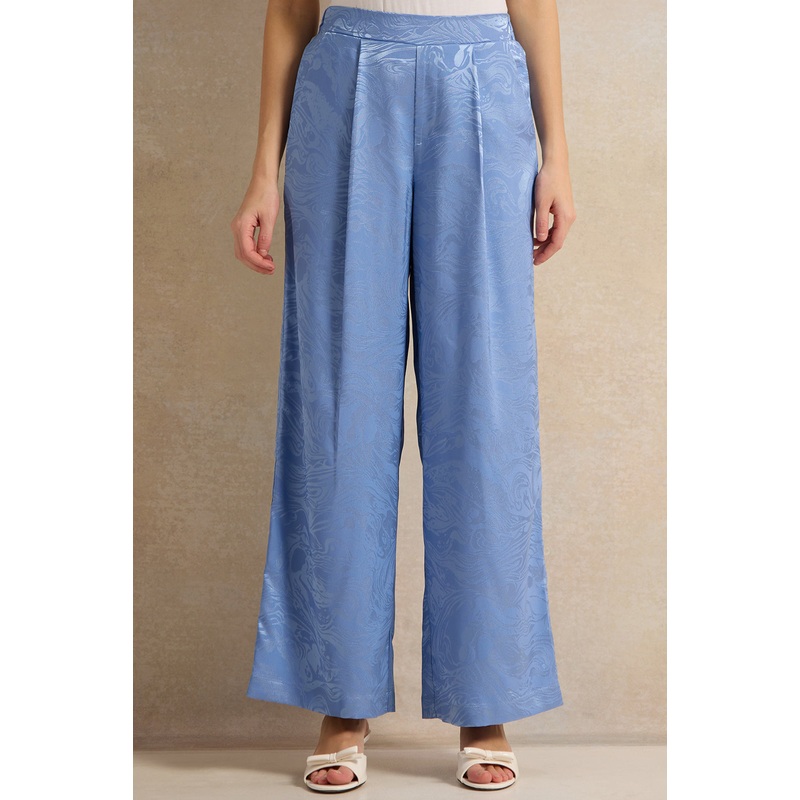 Women Blue Jacquard Wide Leg Pants