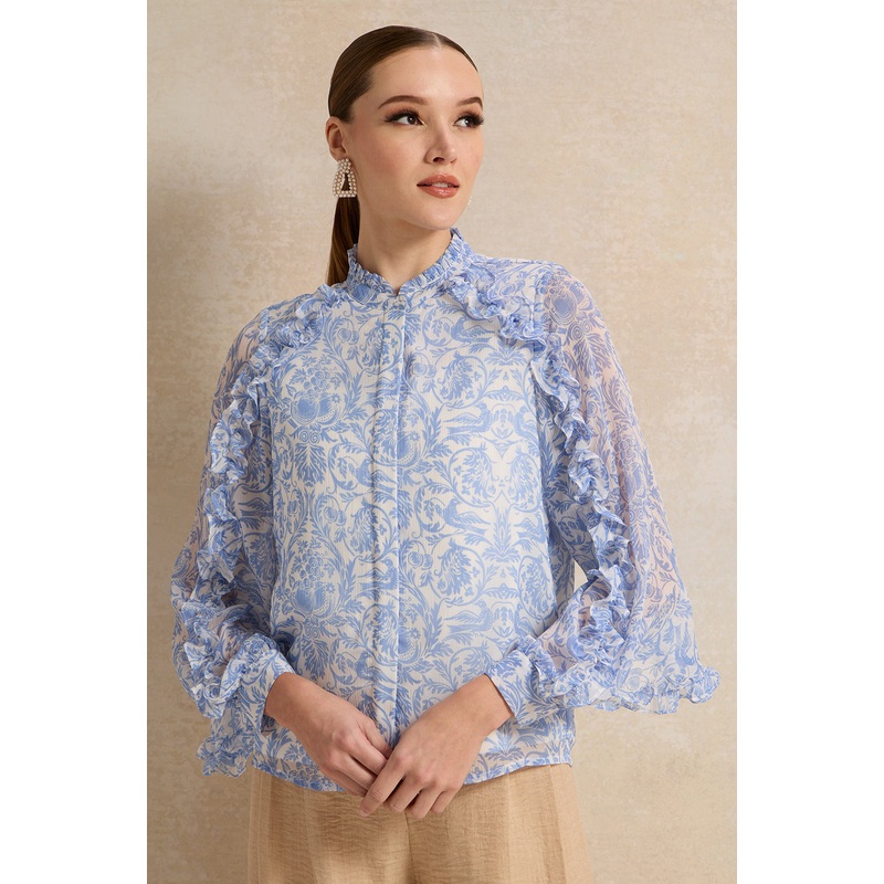 Women Blue Printed Chiffon Blouse