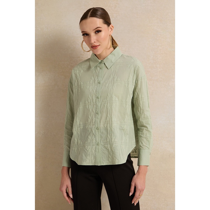 Women Green Cotton Printed Button Down Blouse