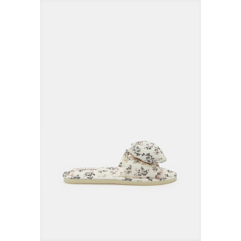 Women Ivory Bow Trim Slipper|Small|Medium|Large