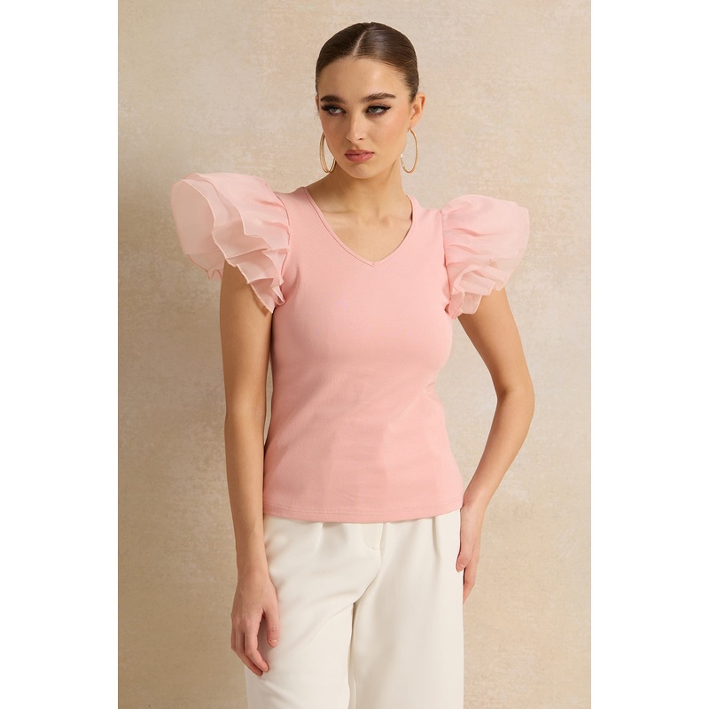 Women Pink Top With Organza Ruffle