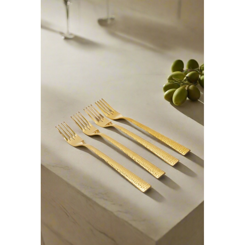 Gold Dinner Fork Hammered Finish Set (4 Piece)