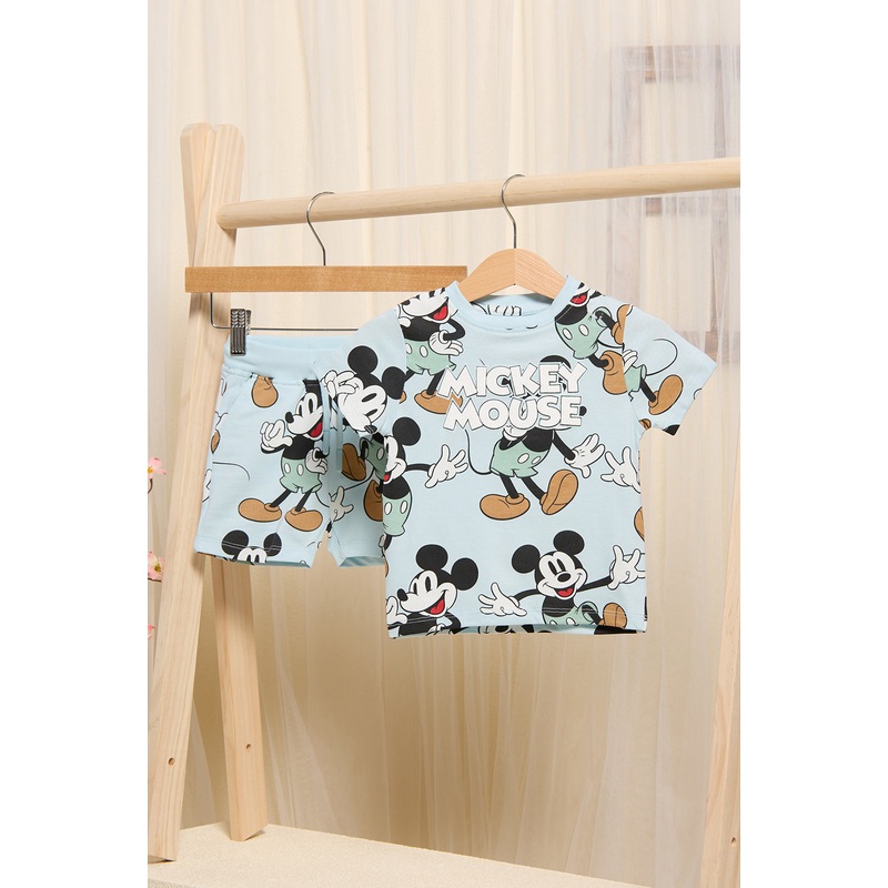 Infant Boys Blue Printed Mickey Mouse T-shirt And Shorts Casual Set(2 Piece)