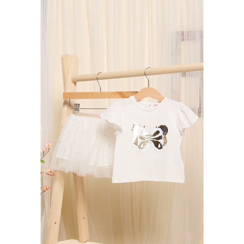 Infant Girls Ivory Butterfly Sequin shirt With Gold Foil Printed Skirt