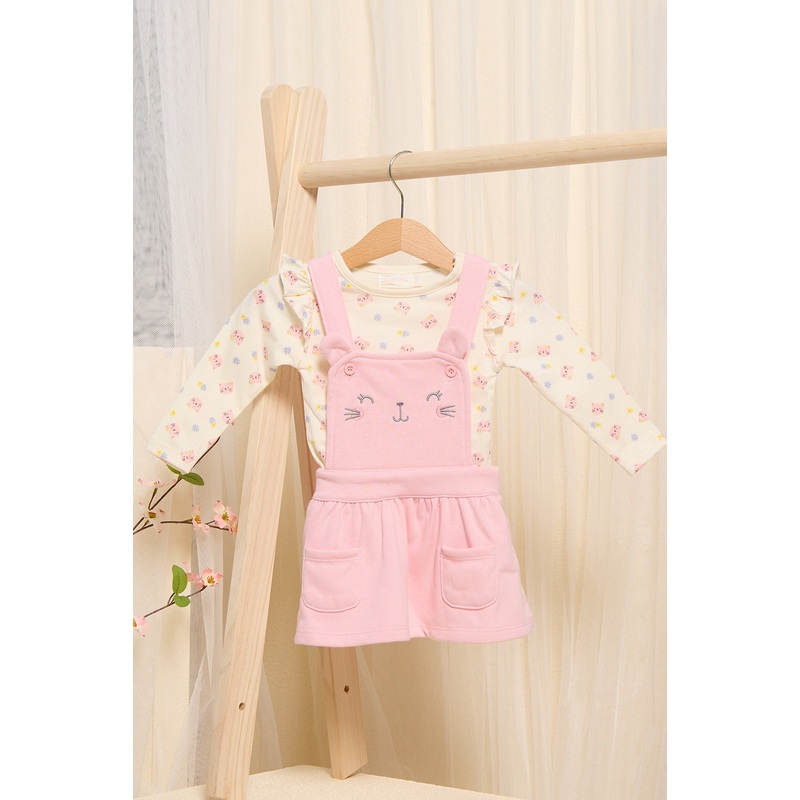 Infant Girls Pink Printed Dungaree With T-Shirt Set (2 Piece)