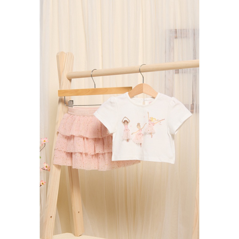 Infant Girls White Ballerina shirt With Pleated Shimmer Mesh Skirt
