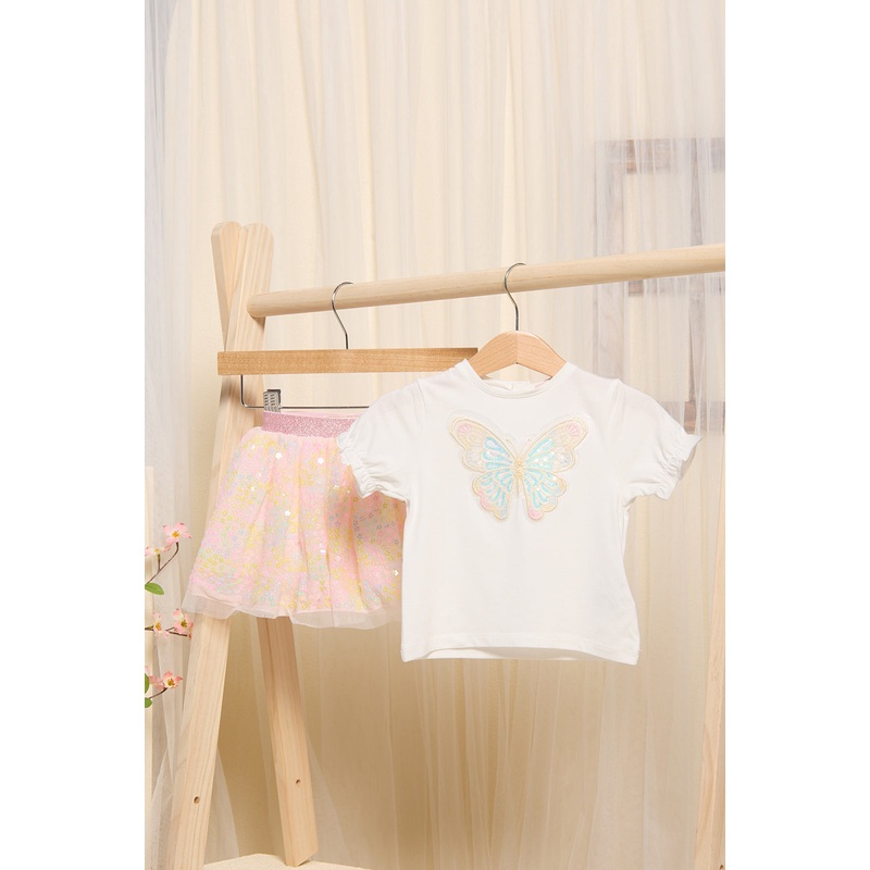 Infant Girls White Butterfly Patch Shirt With All Over Sequin Skirt