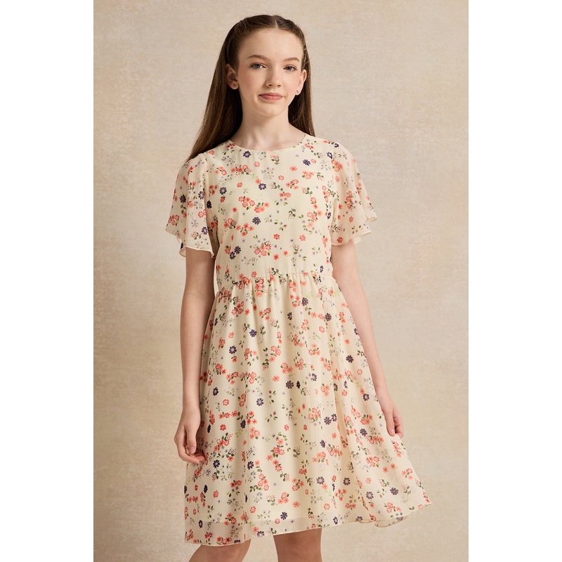 Senior Girls Cream Floral Chiffon Dress