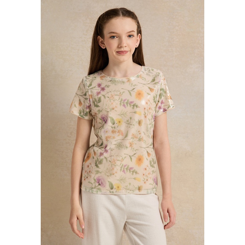 Senior Girls Cream Floral Sequins Top