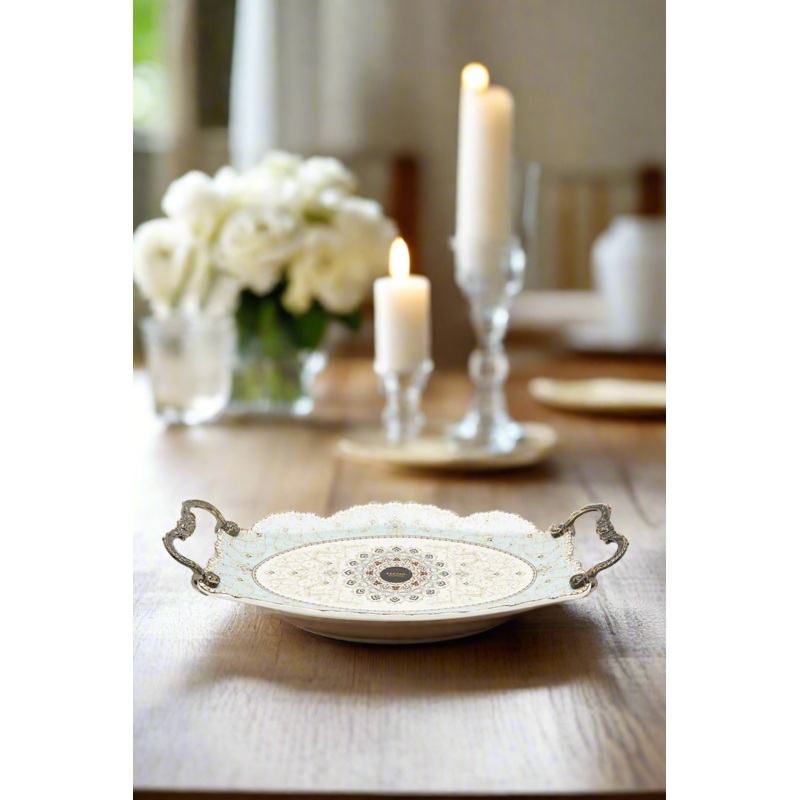 White Floral Oval Platter With Handle