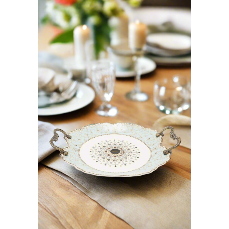 White Floral Round Platter With Handle