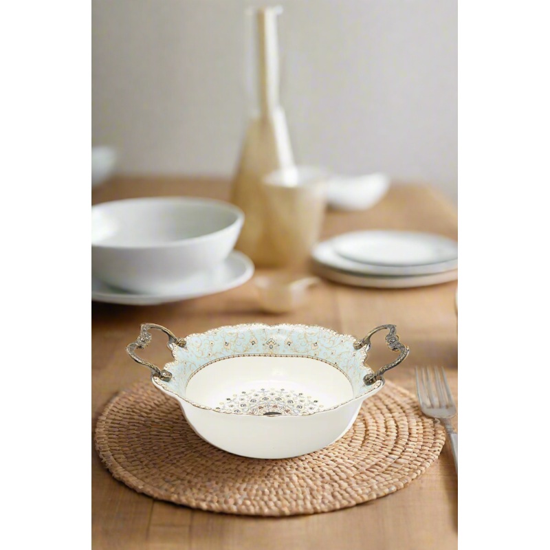 White Floral Round Serving Bowl With Handle