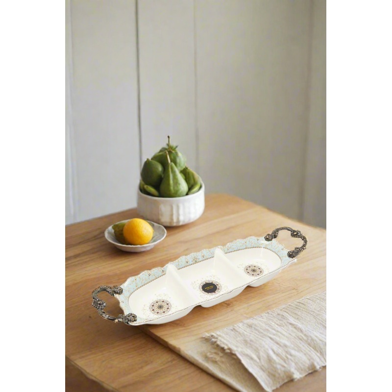 White Floral Serving Platter 3 Section With Handle