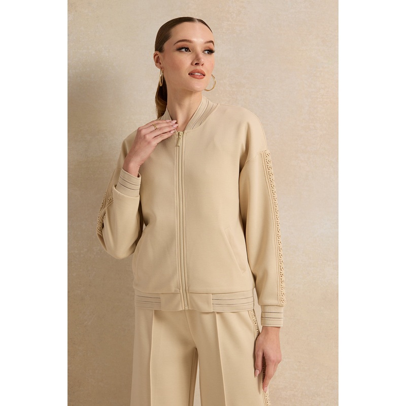 Women Beige Bomber Sweatshirt With Lace Trim