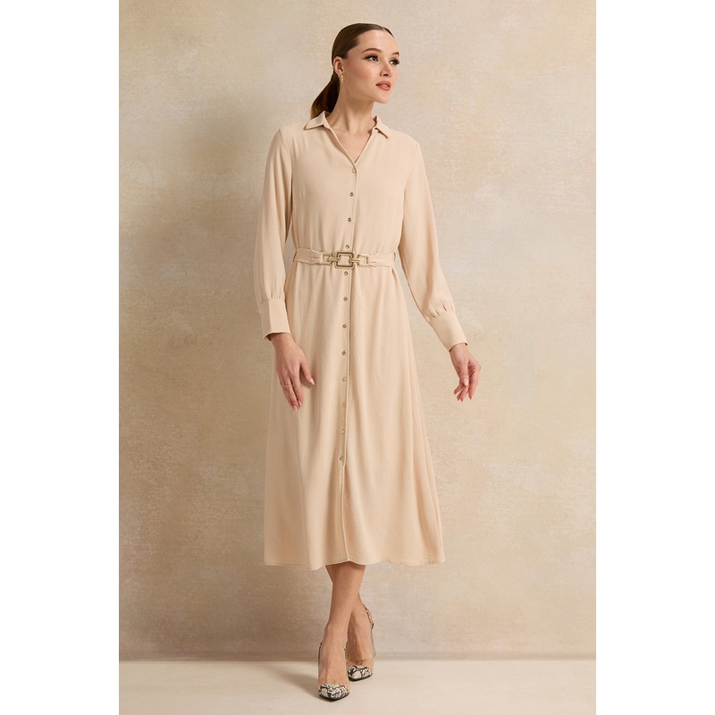 Women Beige Collared Maxi Dress