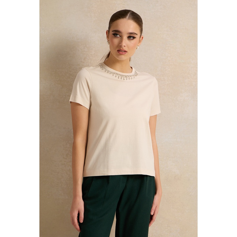 Women Beige Embellished T-Shirt