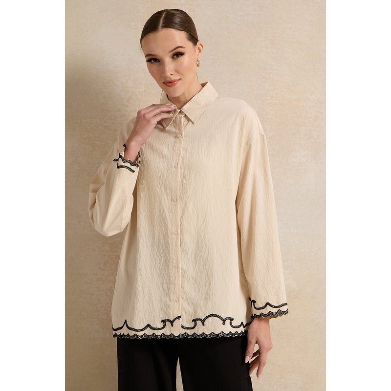 Women Beige Embroidered Collared Blouse