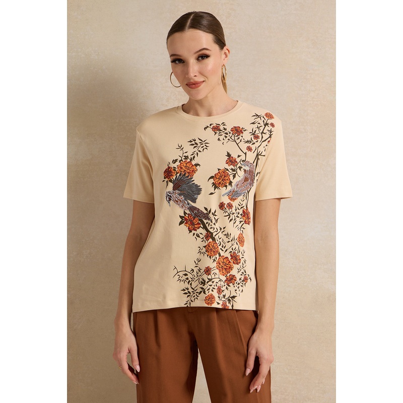 Women Beige Embroidered T-Shirt