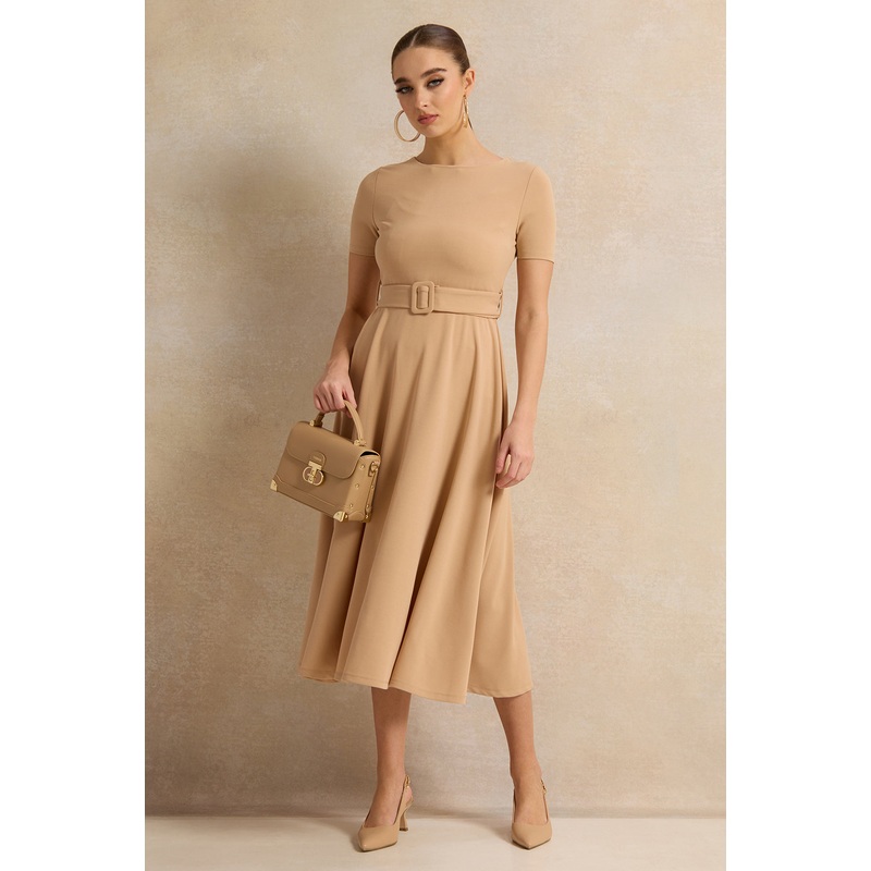 Women Beige Midi Dress With Belt