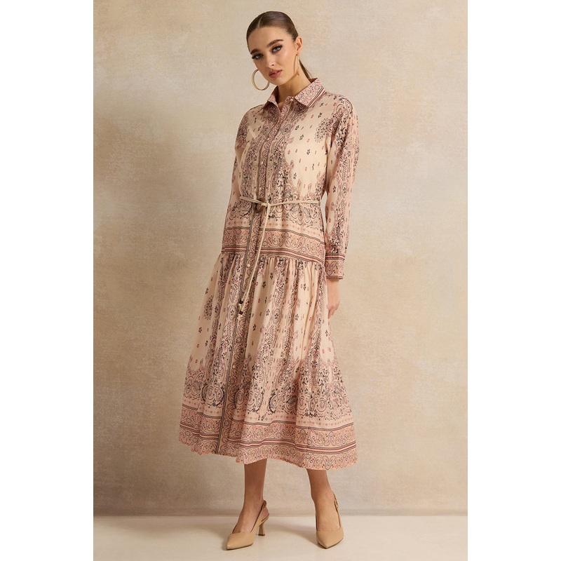 Women Beige Printed Belted Maxi Dress