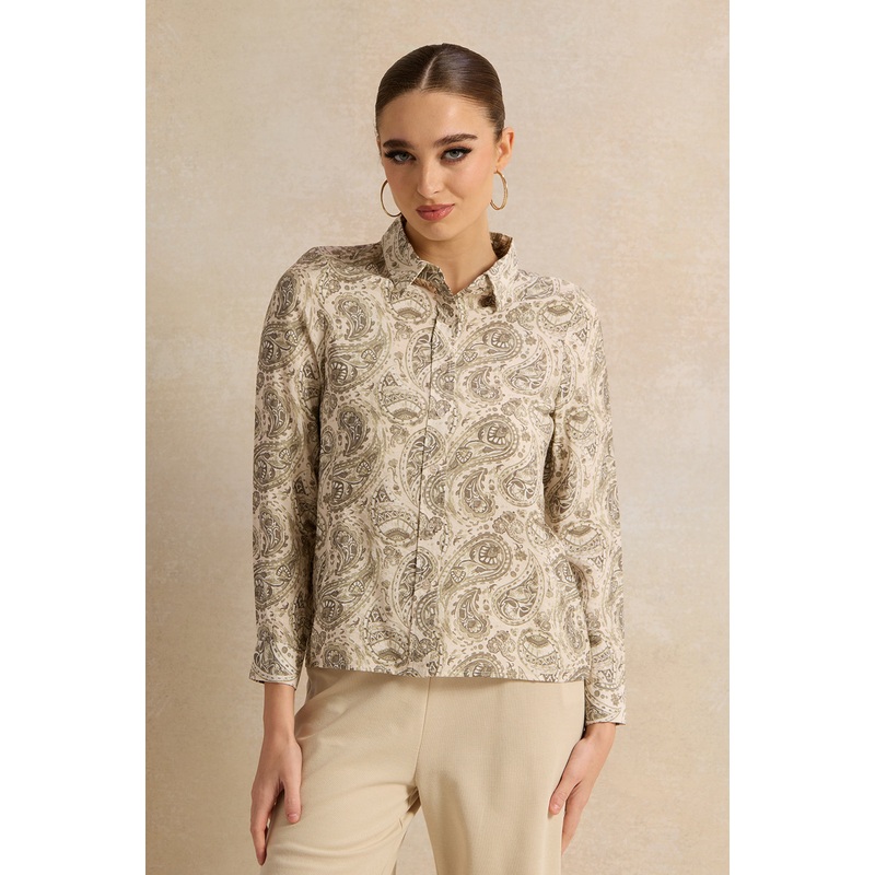 Women Beige Printed Collared Shirt Blouse