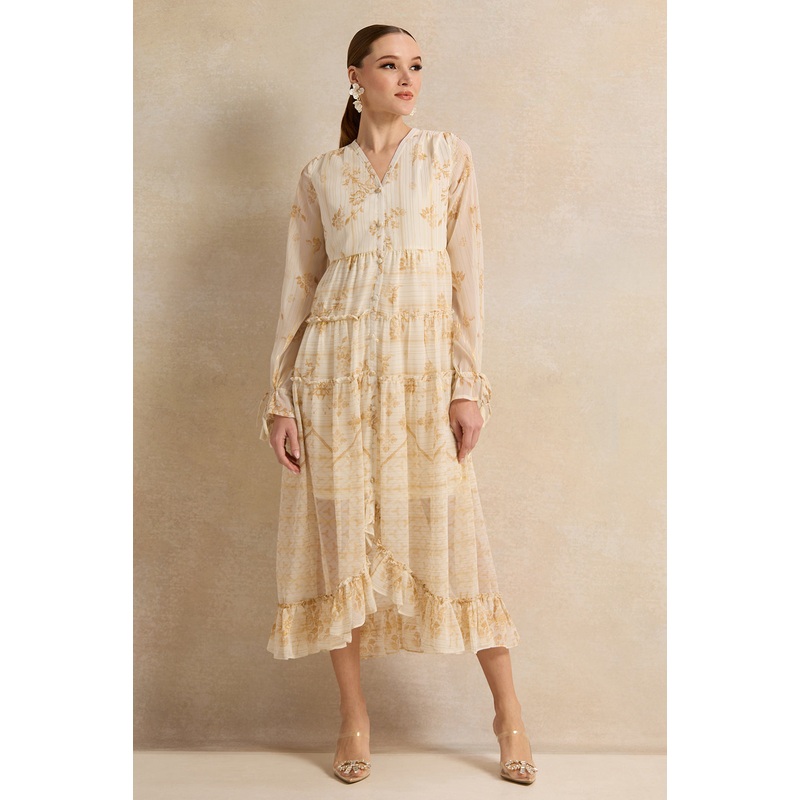Women Beige Printed Long Dress