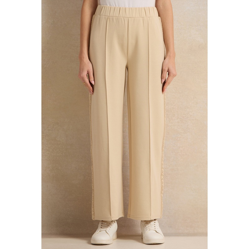 Women Beige Trousers With Side Lace Trim