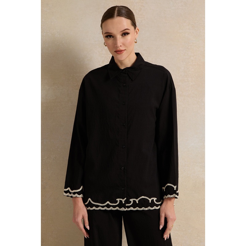 Women Black Embroidered Collared Blouse