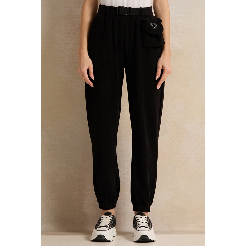 Women Black Jogger Trousers With Waist Bag